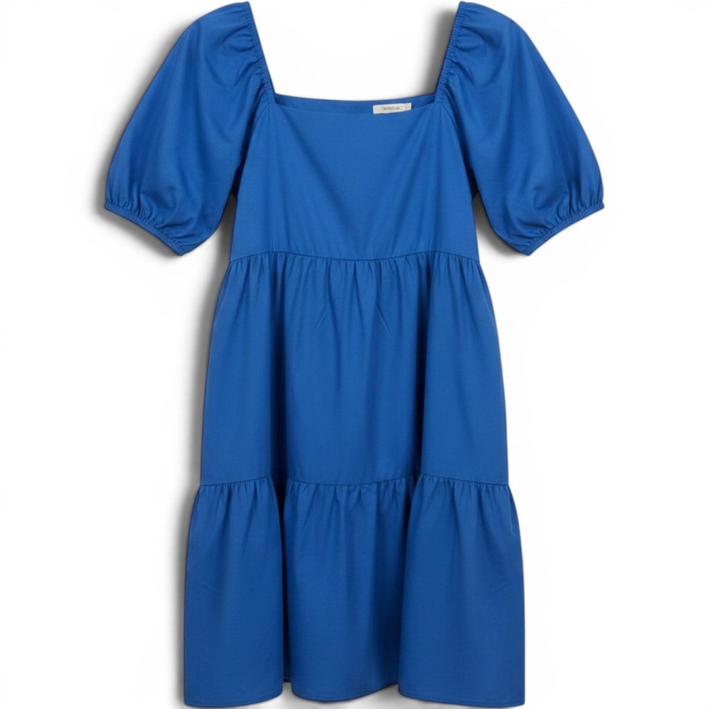 Grace Atwood The Drop Blue Cotton Puff Sleeve Tiered Mini Dress Medium